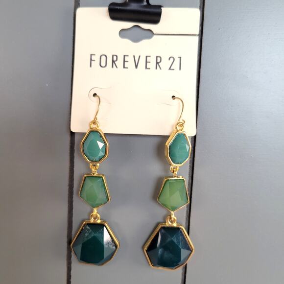 Forever 21 Green Gold Tone Geometric Drop Earrings Dangle Statement Boho Chic - Picture 1 of 7